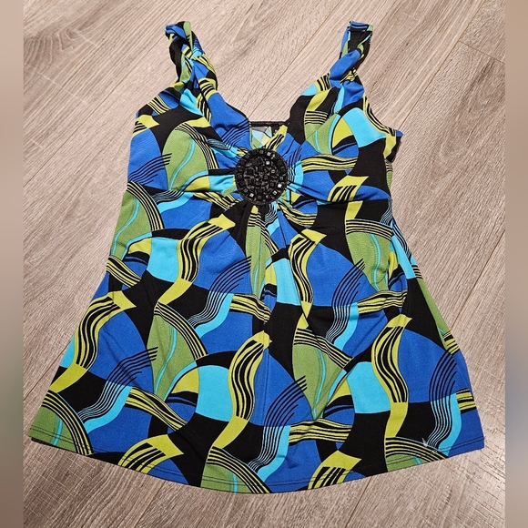Bisou Bisou Tops - Bisou Bisou Blue Green Colorful Black Rhinestone Dress Tank Top Medium